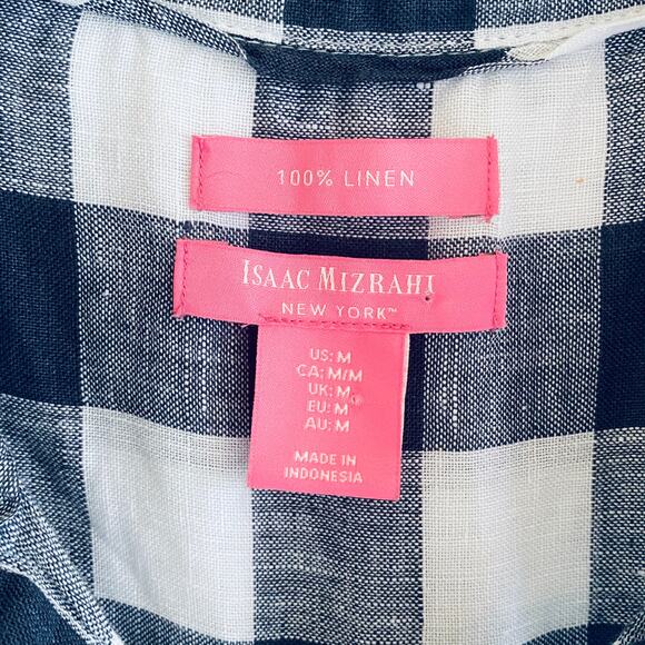 Navy Blue Gingham Checked Linen Button Down Shirt M Sleeveless Isaac Mizrahi - Picture 2 of 11